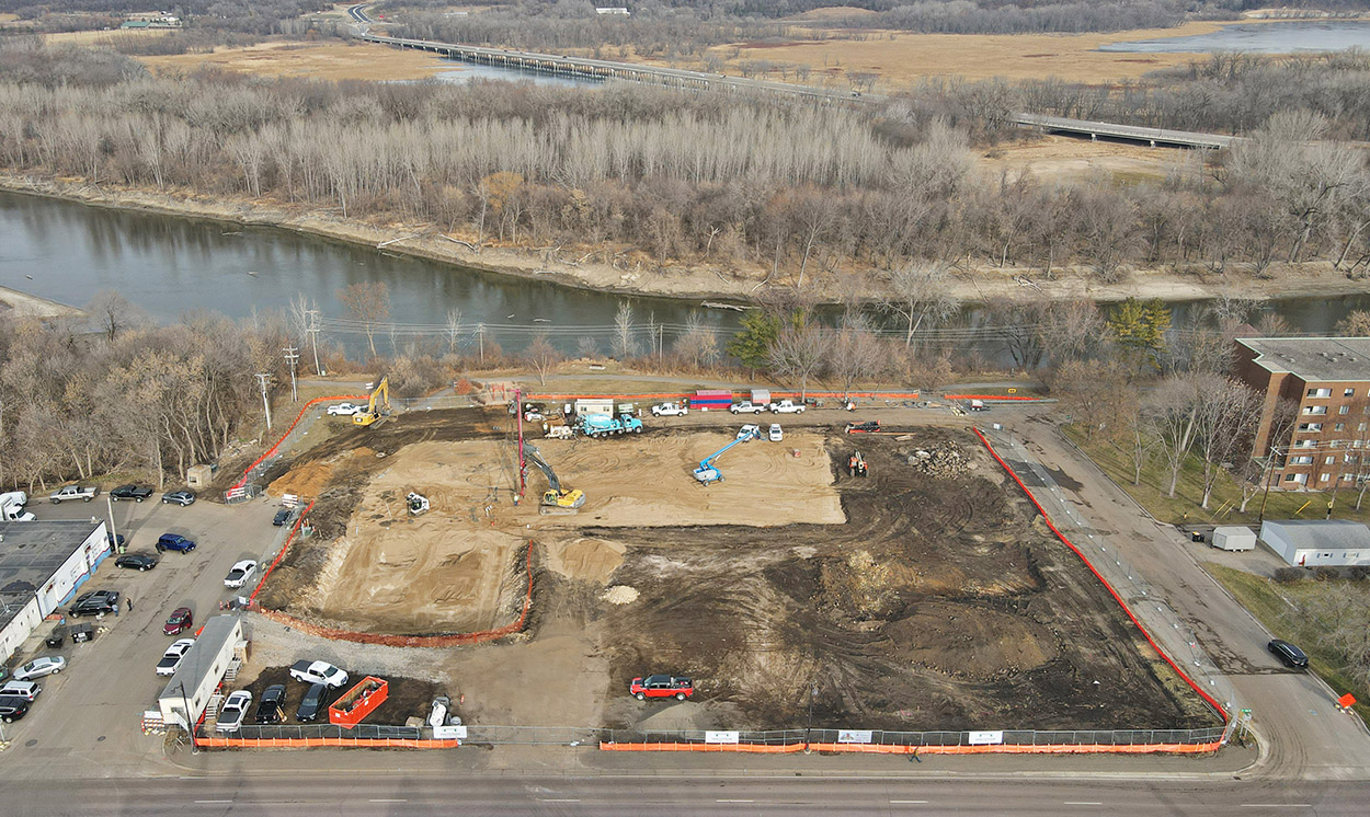 Aerial showing Shakopee Flats Apartments under construction in December 2020